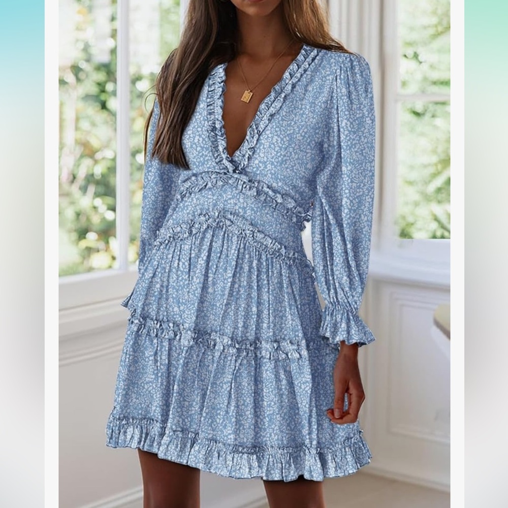 Blue Ruffled Smocked Sundress with Bishop Sleeves